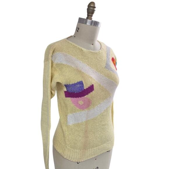Vtg 80s 90s Adele Barre Ramie Blend Yellow Intarsia Sweater Abstract Metallic  M - Picture 2 of 5